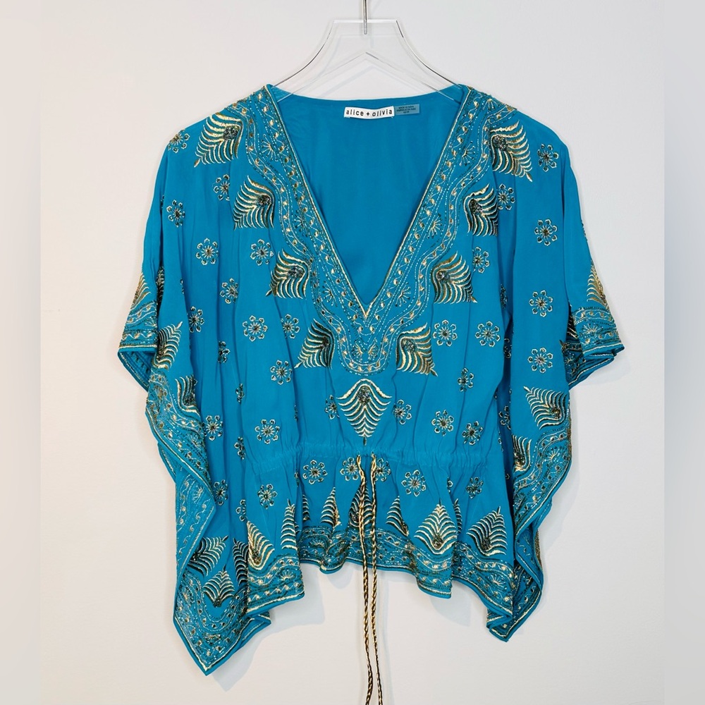 Alice + Olivia Sharita Blue Green Teal Gold Embroidered Drawstring Top Blouse - Picture 4 of 15